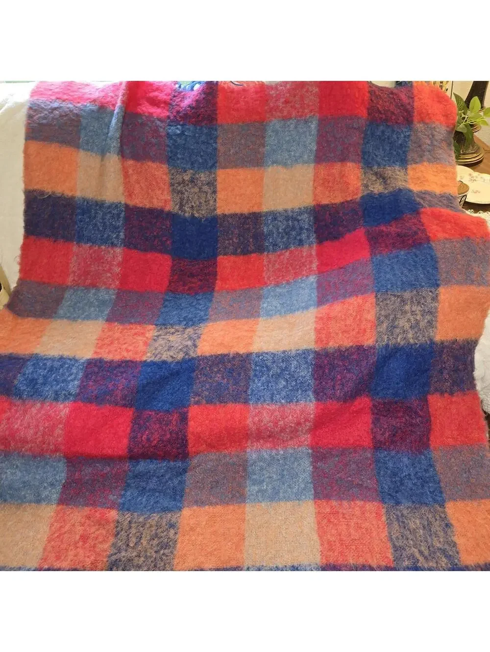 Vtg Glentana Mohair Wool Blanket Plaid Made in Scotland Mid Century Fuchsia